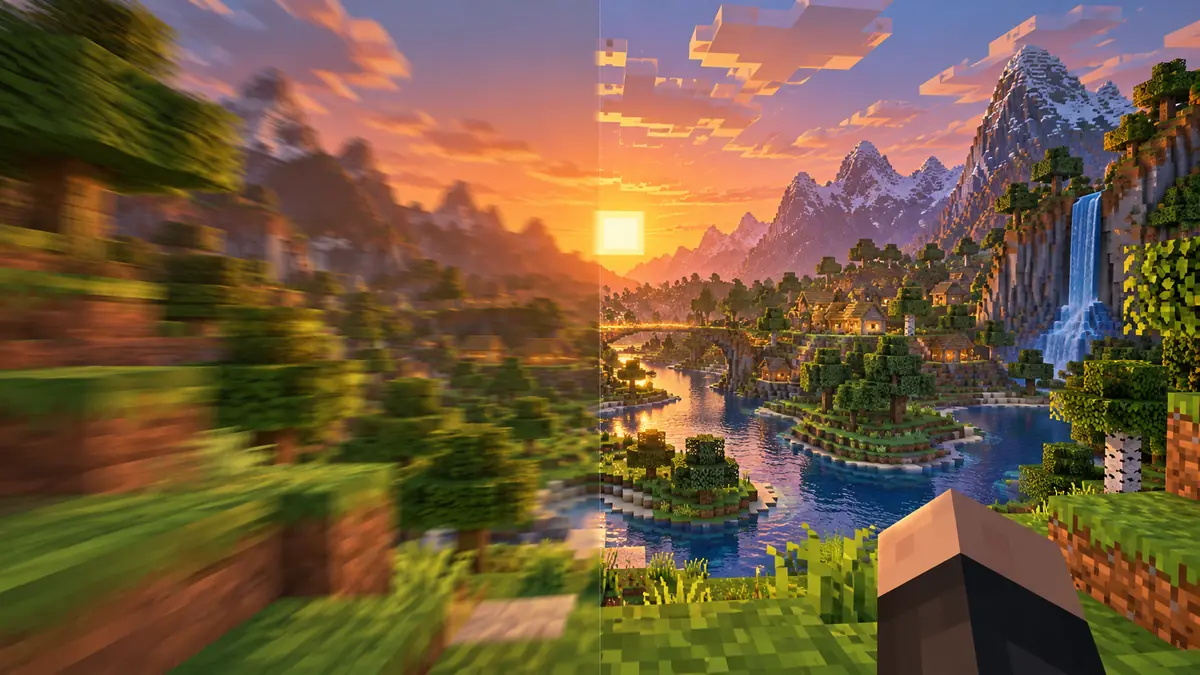 Minecraft manzarası: solda düşük FPS ile bulanık ve takılan görüntü, sağda yüksek FPS ile net ve akıcı bir gün batımı