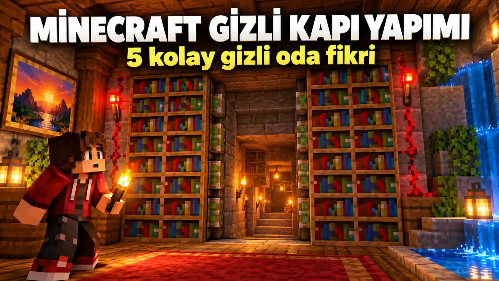 Minecraft'ta kitaplığın arkasından açılan gizli geçit