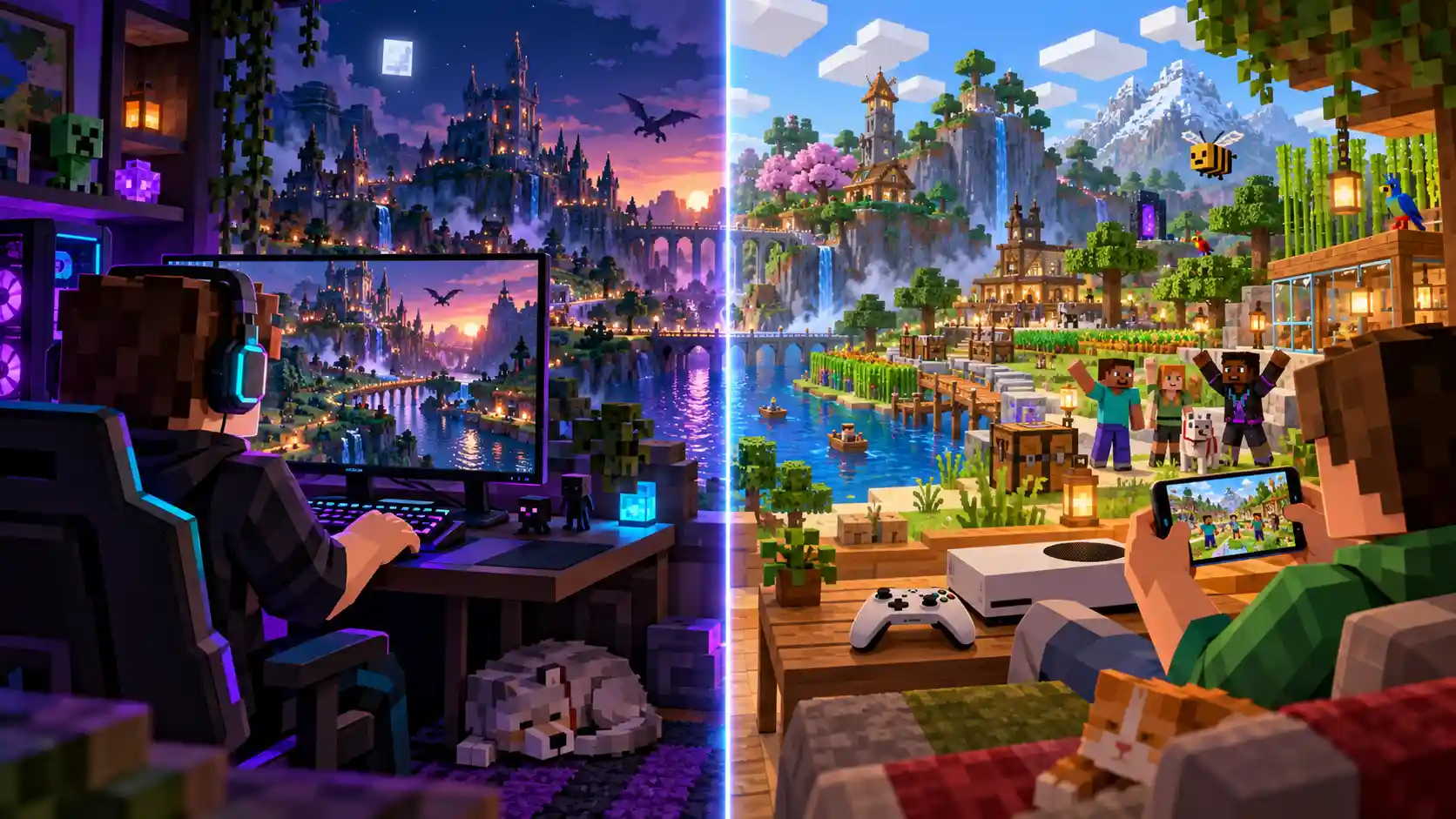 Bir yanda bilgisayarda Java, diğer yanda telefon ve konsolda Bedrock oynayan Minecraft oyuncuları