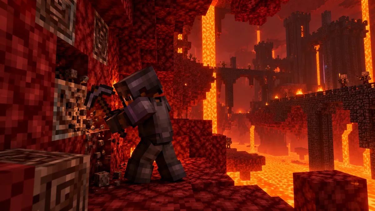 Nether'de netherite zırhlı bir Minecraft oyuncusu antik kalıntı kazıyor, arka planda lav şelaleleri ve bir bastion