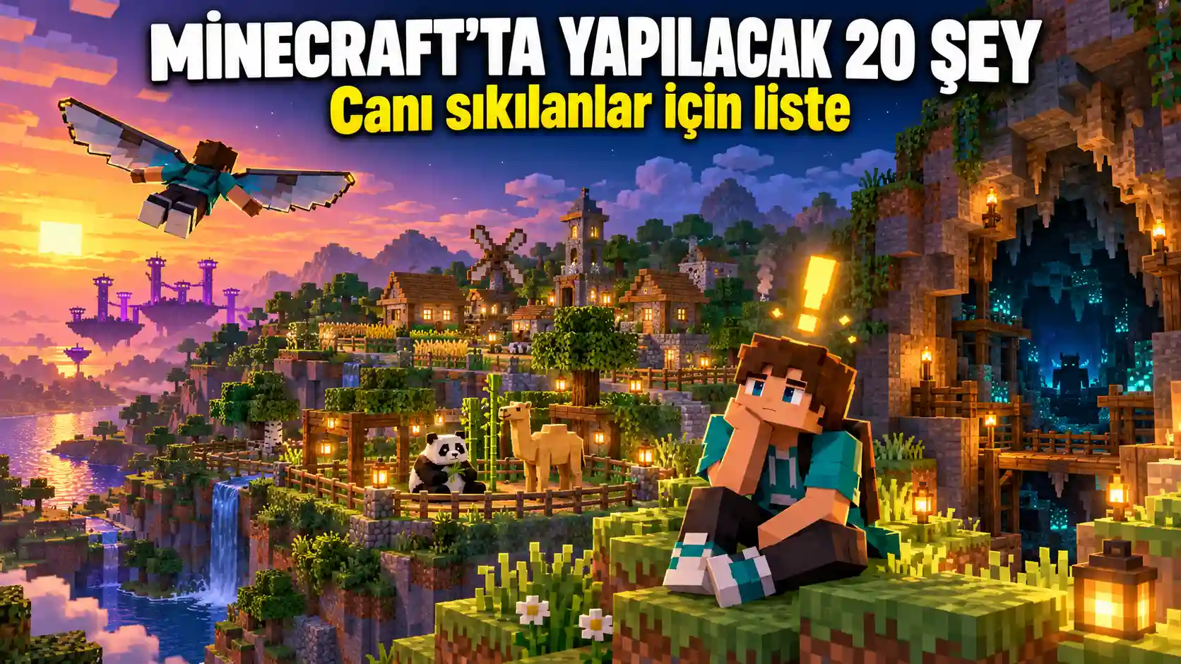 Minecraft'ta Elytra ile uçan oyuncu, köy, hayvanat bahçesi ve mağara girişi