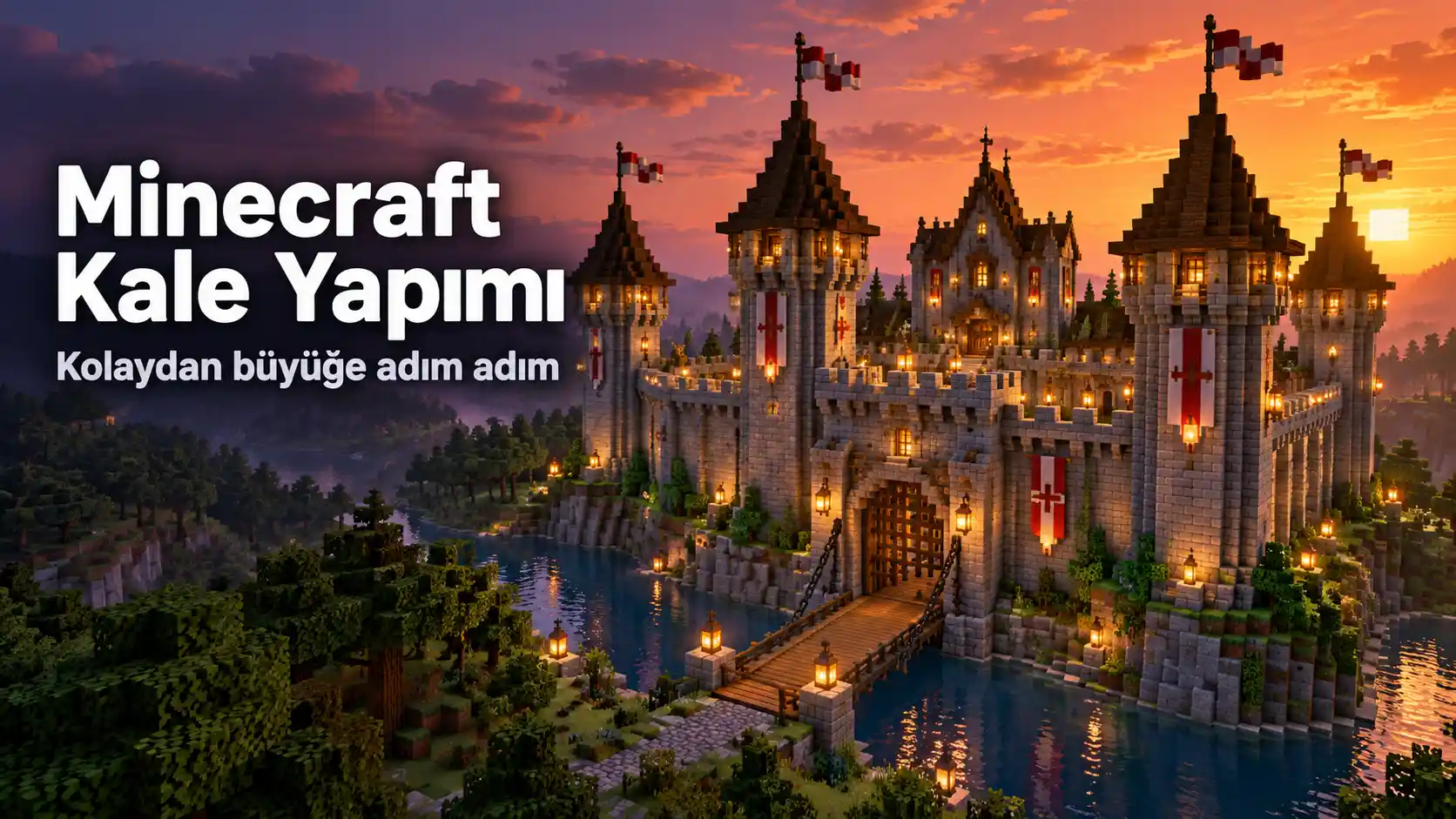 Gün batımında hendekli ve köprülü büyük bir Minecraft kalesi