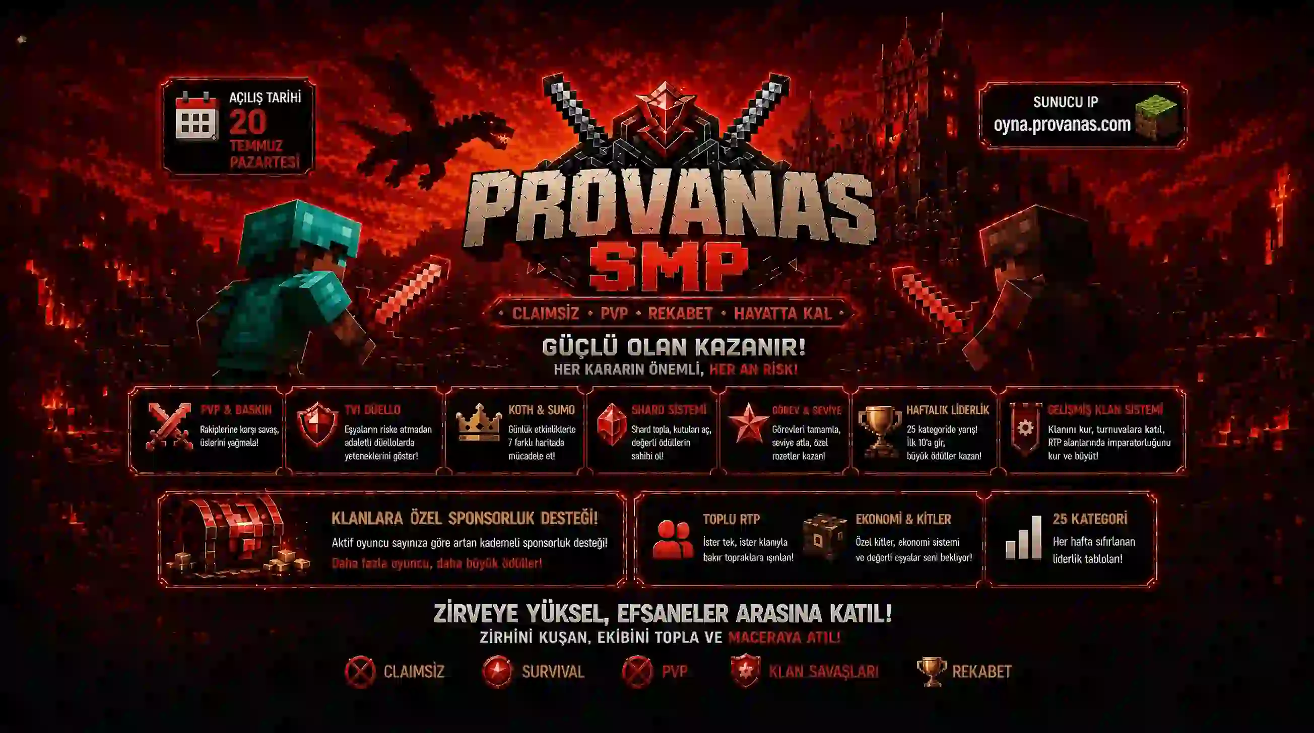 Provanas SMP tanıtım afişi; claimsiz PvP, shard sistemi, KOTH, klan savaşları ve 19 Temmuz açılışını duyuran Minecraft sunucusu görseli.